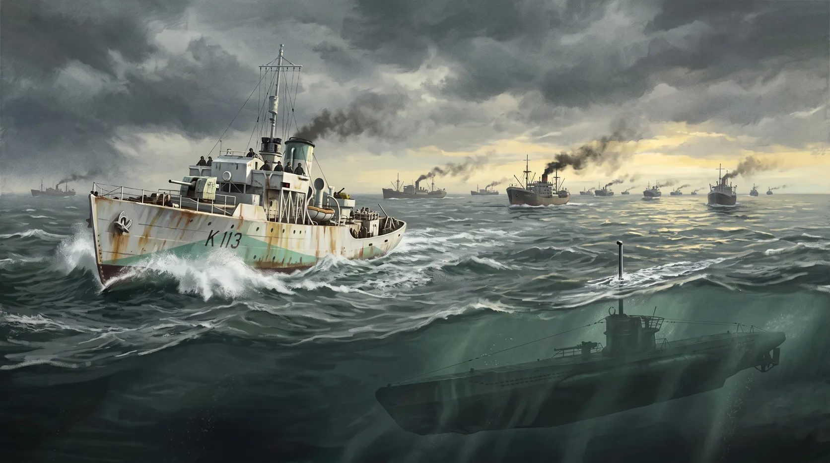 Royal Navy escort guarding a merchant convoy in the North Atlantic in 1942