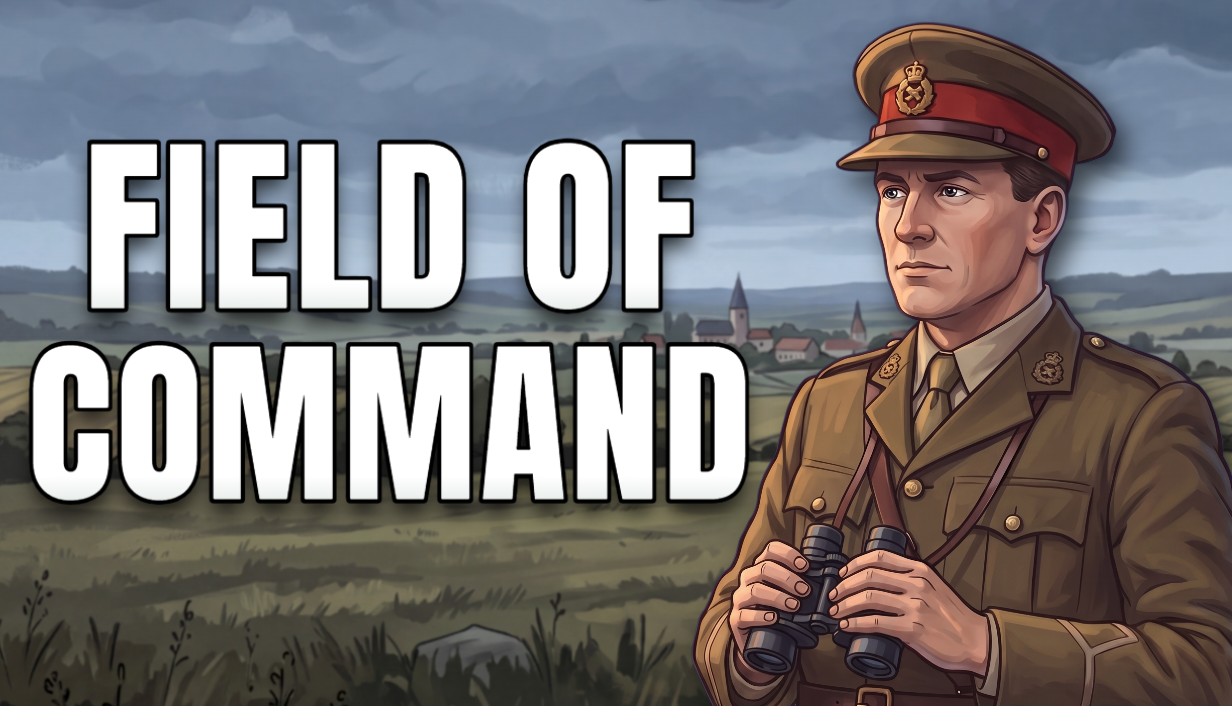Field of Command wordmark and an officer overlooking a French countryside landscape