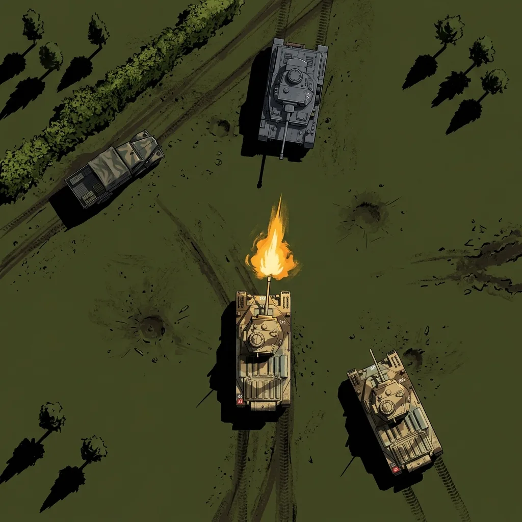 Field of Command battlefield artwork showing armoured units advancing across open ground