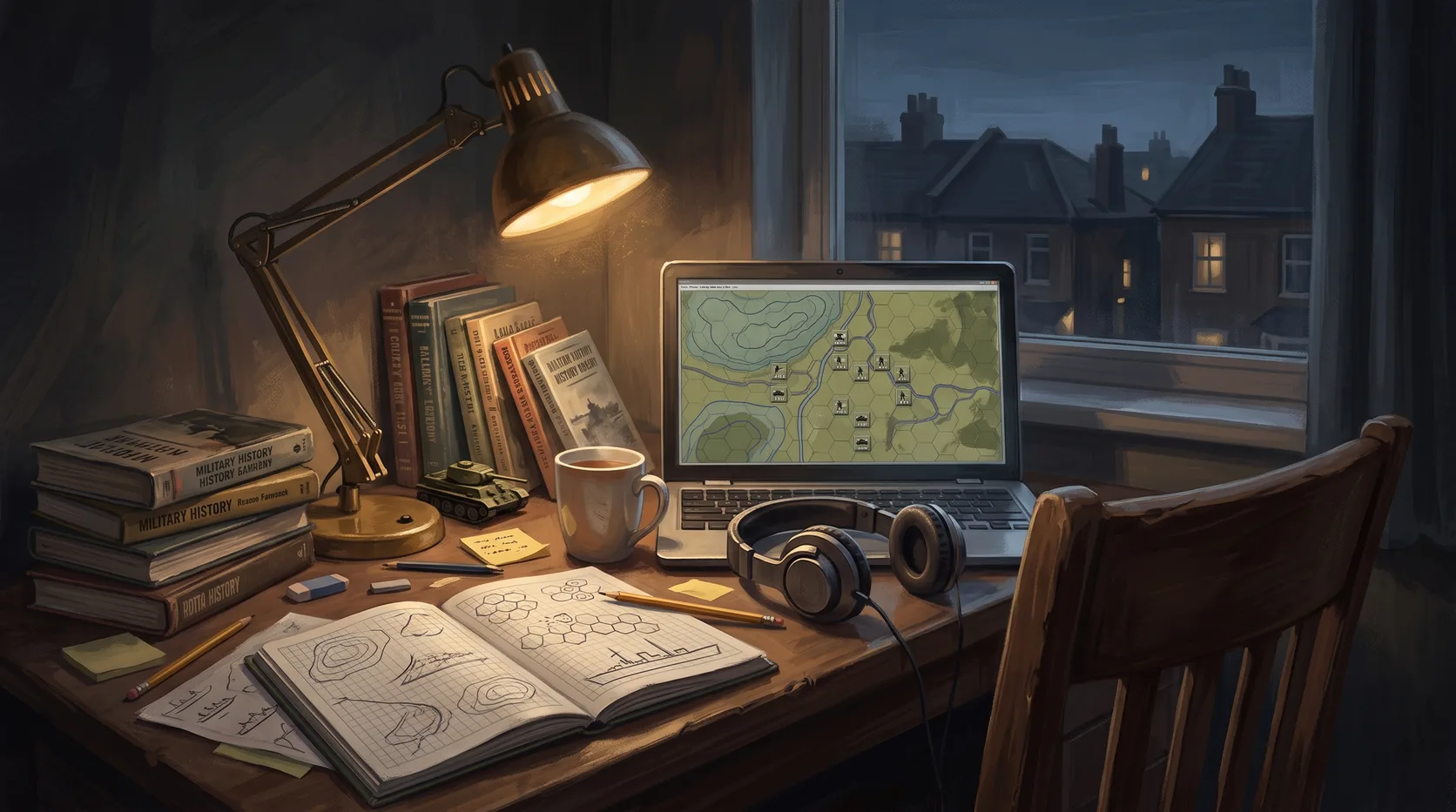 A desk at night with a laptop showing a hex wargame map, military history books, sketches and a mug of tea