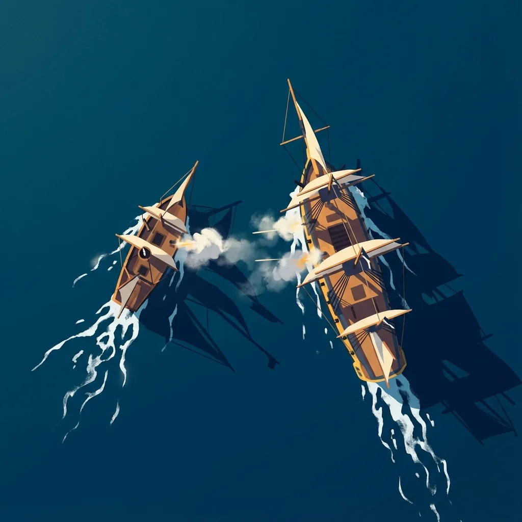 Sovereign Tides artwork showing sailing ships exchanging broadsides at sea